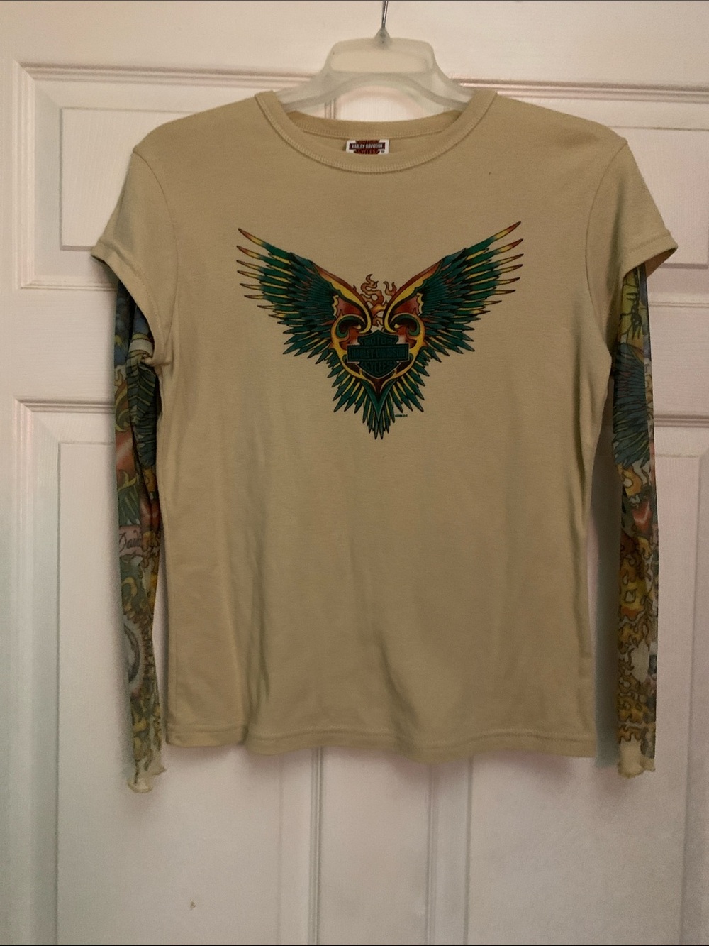 Harley-Davidson Tan Long Sleeve Graphic Tee with Green Accent Wings